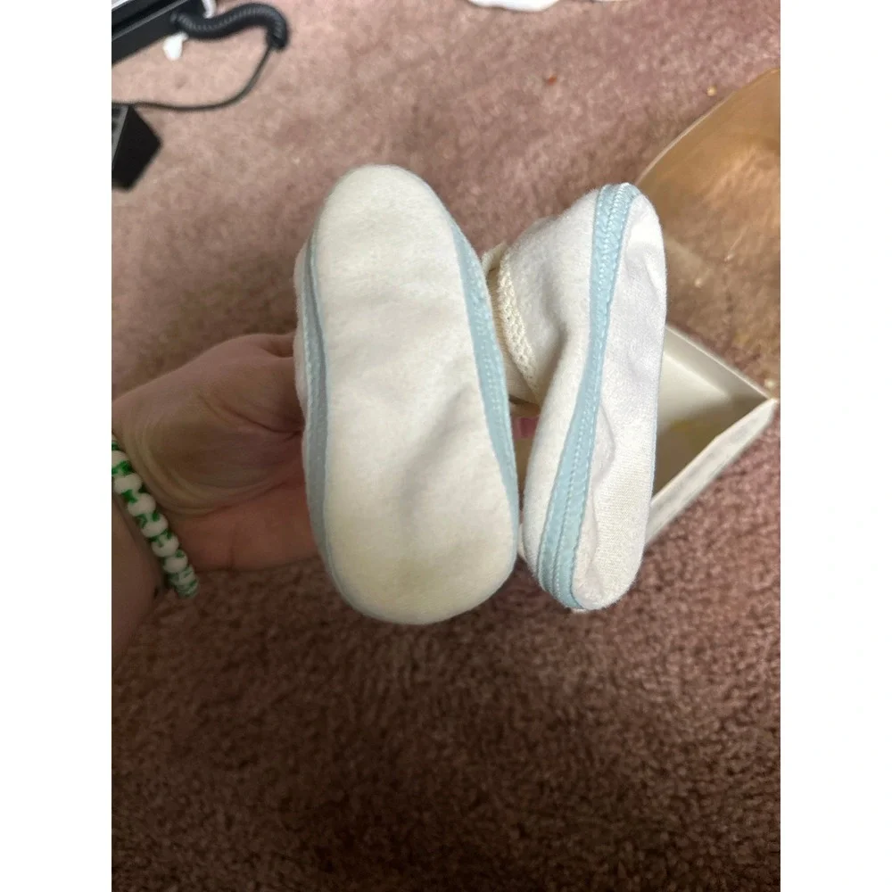 Vintage Mrs Days Ideal‎ Baby Shoe Co Crib Shoes White Blue Pom Pom Booties Boxed